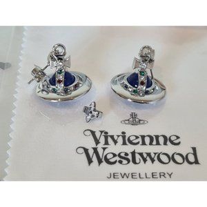 Vivienne Westwood silver tone 3D crystal Orb drop Earrings New with Box